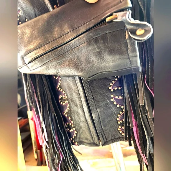 VTG 80s Black Leather Pink Purple Fringe Bike Zip Up Elastic Waist Jacket M - Picture 7 of 16